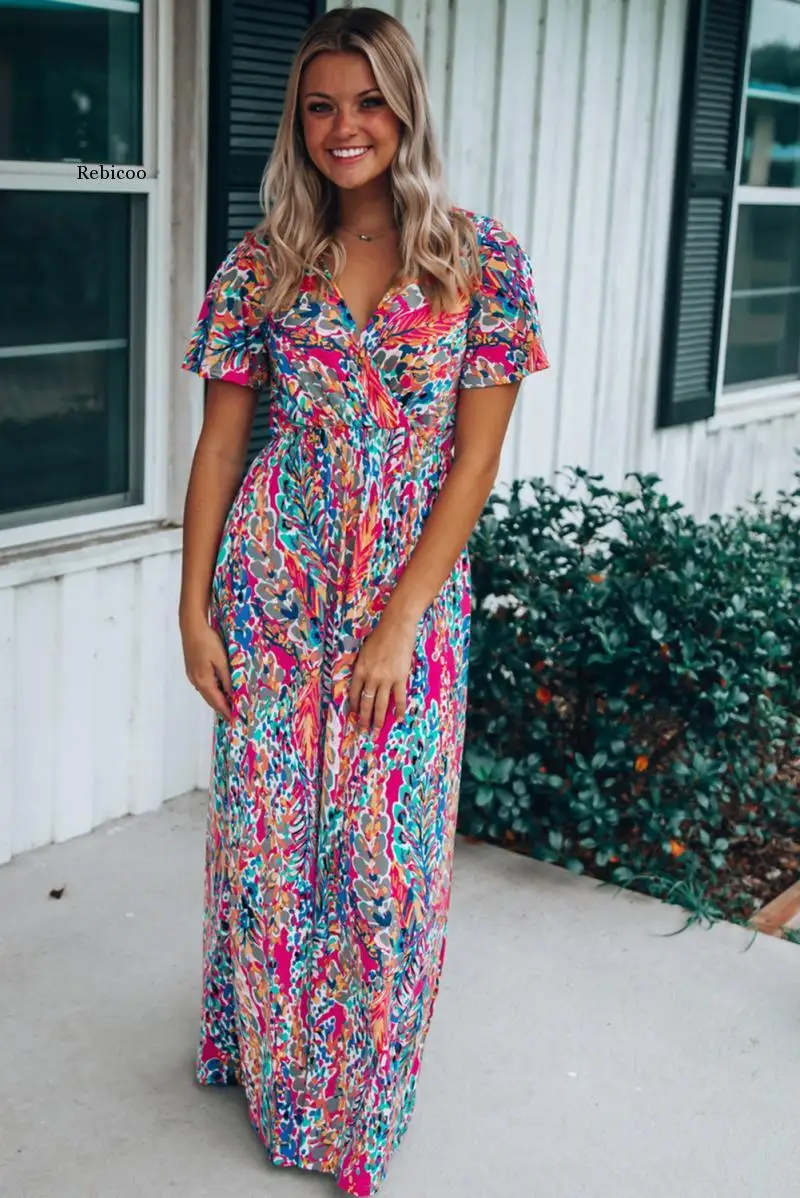 2023 Women Summer Short Sleeve V Neck Floral Print Dress Boho Beach Vintage Red Blue Casual Long Dresses