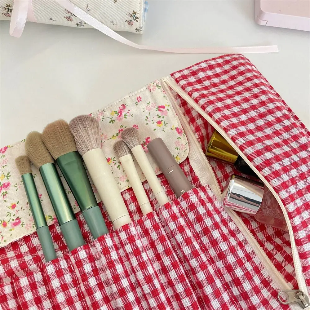 حقيبة فرش مكياج مريحة ذات سعة كبيرة، حقيبة تخزين مستحضرات التجميل الوردية، نمط الأزهار، صندوق أقلام الحواجب، منظم فرش المكياج