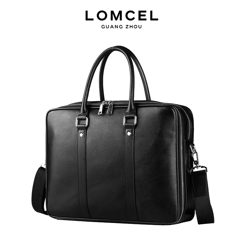 LOMCEL P22 Men's Genuine Leather Handbag with Double Zippers Cowhide Fashion Bag, Business Grade Top Leather Briefcase 16 Inch