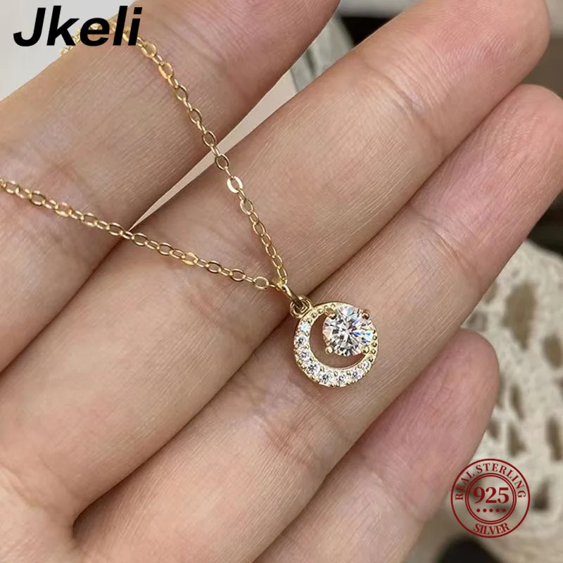 

Jkeli 925 Sterling Silver Crescent & Sun Pendant Necklace 14K Gold Plated Chain Mini Cubic Zirconia Choker Necklace for Women