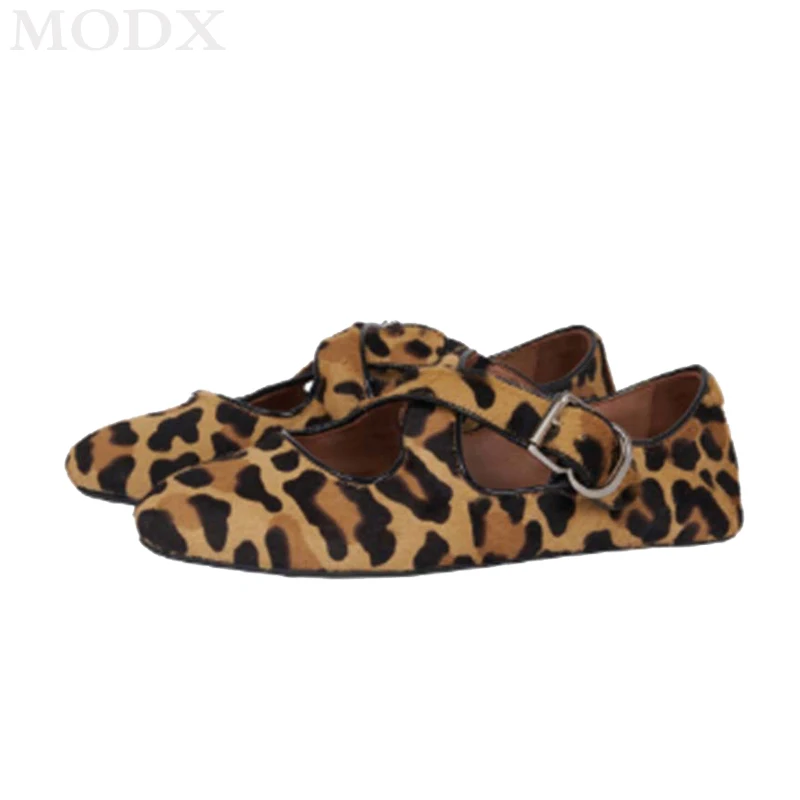 

2024 New Round Toe Leopard Cross One Buckle Flat Single Shoes Women Genuine Leather Fashion All-match Mary Jane Ballet Shoes