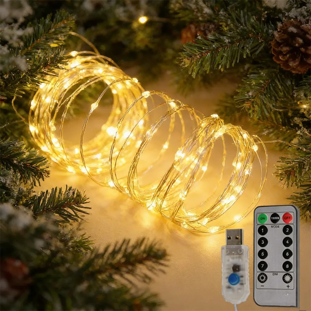 2/5/10/20M Fairy Light String, USB Copper/Silver Wire Light String with Remote Control, Suitable for Indoor Christmas Decoration