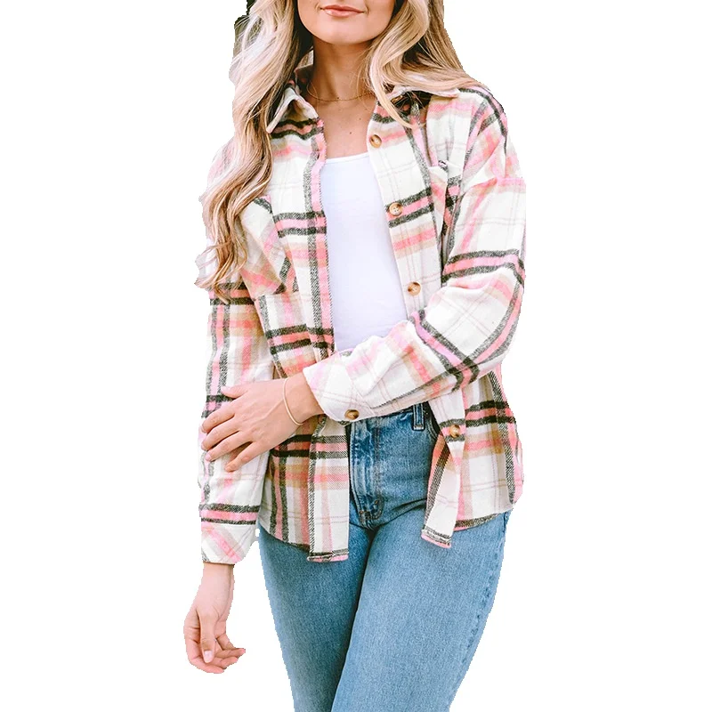 

Autumn New Loose Polo Collar Long Sleeve Coat Women's Versatile Plaid Button Jacket