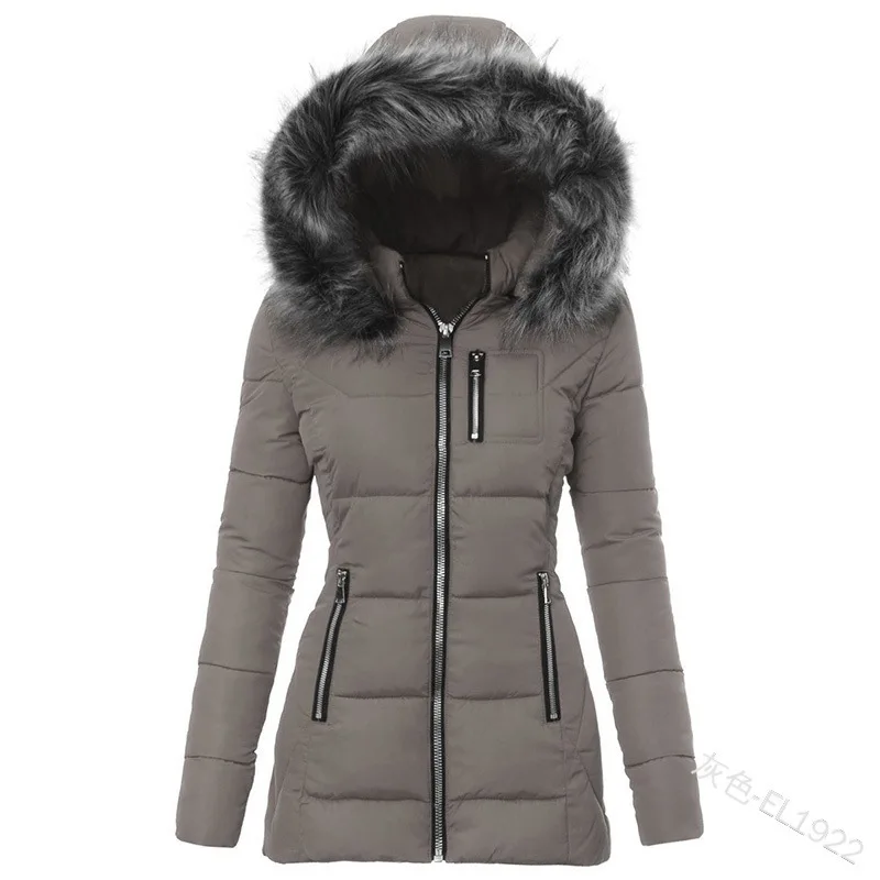 European and American Solid Color Fur Collar Zipper Decoration Slim Fit Cotton-Padded Clothes Women Thick Coat Ropa Para Mujer