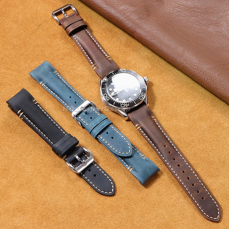 Ремешок из натуральной кожи 20 мм 22 мм, высококачественный браслет в стиле ретро, спортивный водонепроницаемый универсальный сменный браслет с изогнутым концом