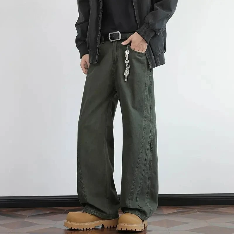 

American Style Men's Casual Trousers Solid Color Washing Cleanfit Bottom Wide Leg All-match Male Curved Knife Pants Men Clothing