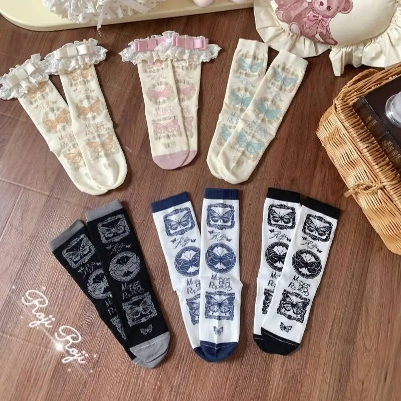 Vintage Stamp Butterfly Print Mid‑Calf Socks Women Bow Sweet Lolita Calf Socks Kawaii Harajuku Y2K Fairycore Multi‑color Hosiery