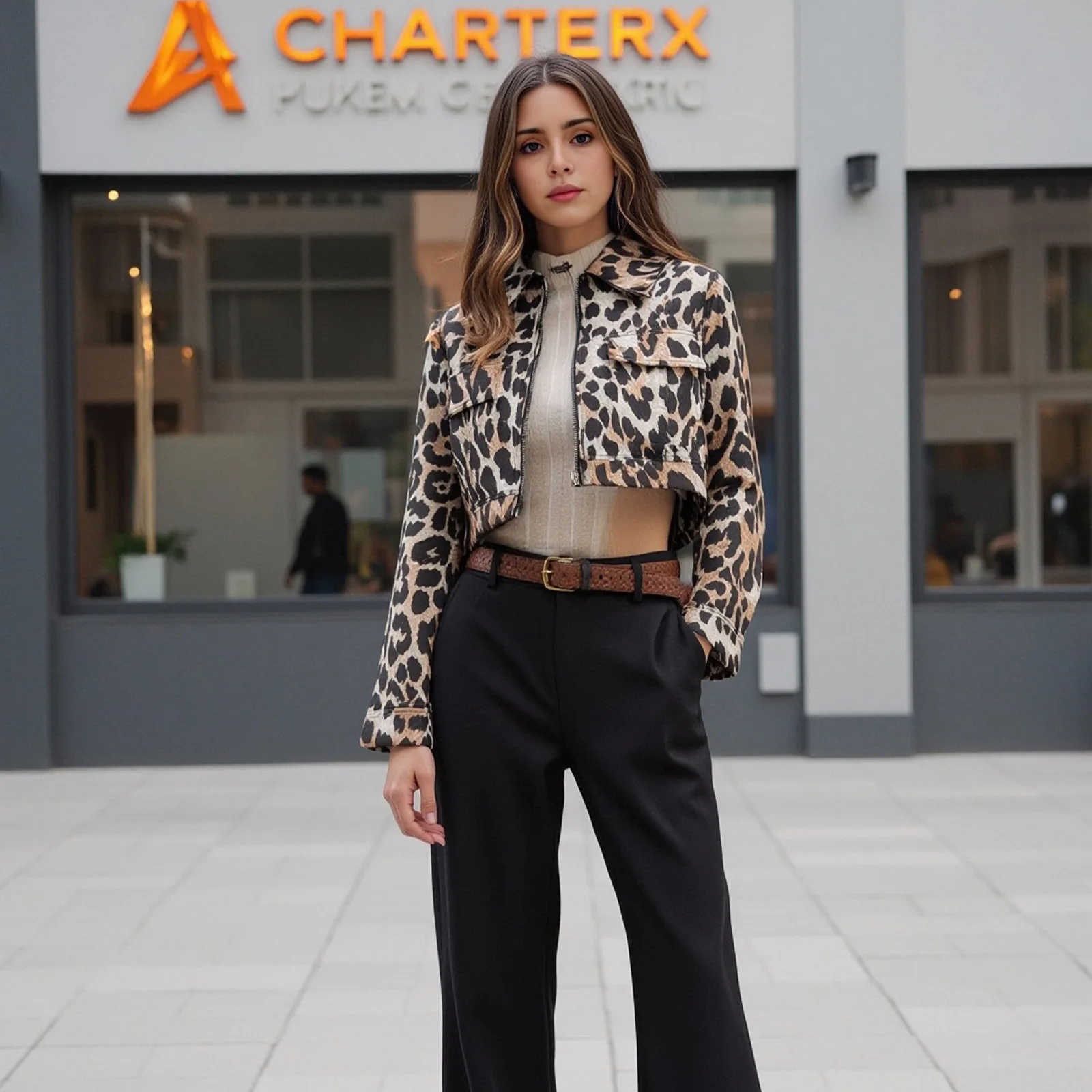 

2025 Women's Leopard Jacket Vinatge Long Sleeve With Pockets Zipper Turn Down Collar Short Coat Fashion Cozy Streetwear