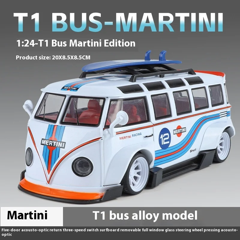 1: 24 Volkswagen T1 Bus Multi Door Surfboard Alloy Sound And Light Feedback Model Car Children'S Simulation Boy And Girl Toy Car