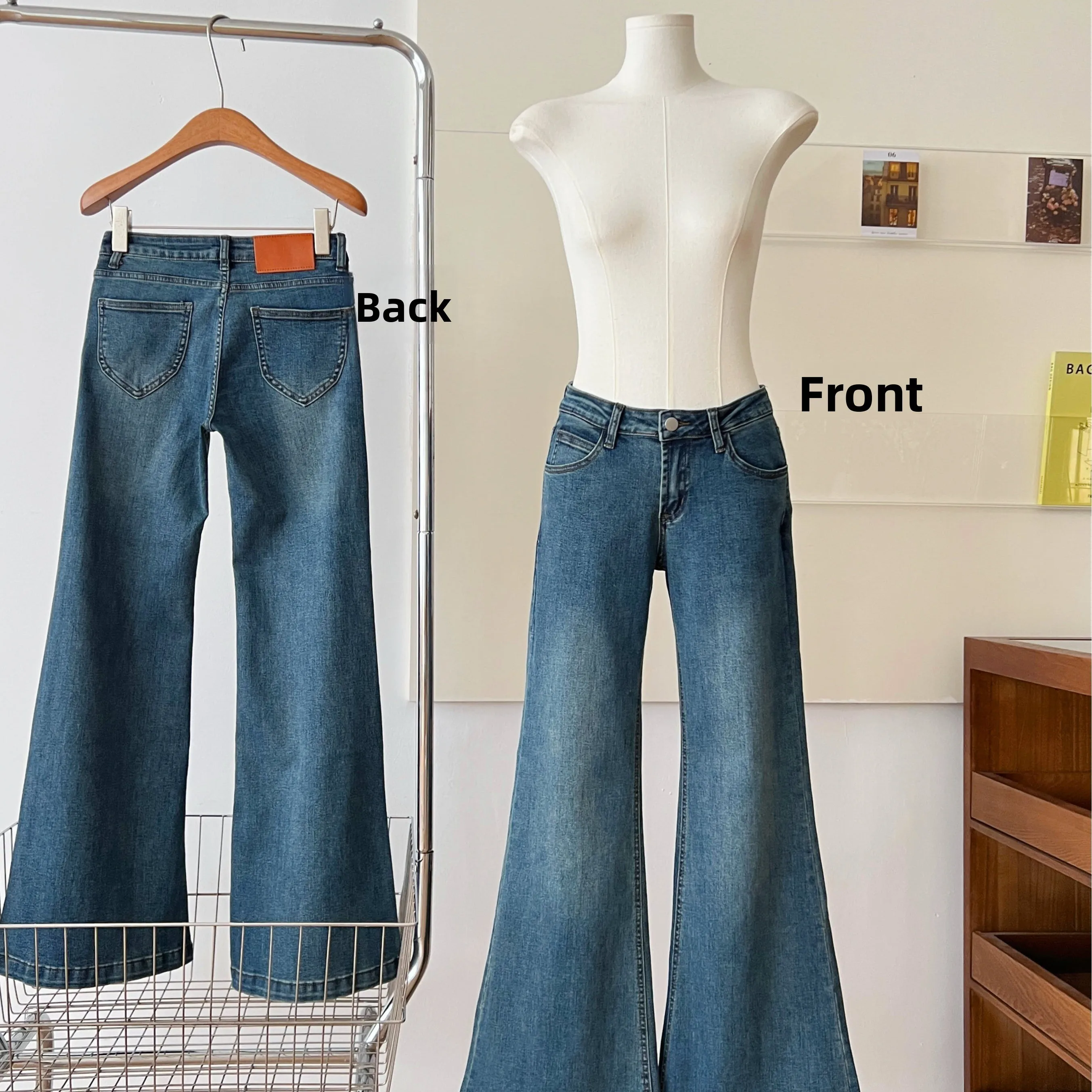 

Low Waist Flared Jeans High Elastici Straight Leg Jeans Retro Soft Denim Trendy Hollow out Design Stand Fit Chinese Made