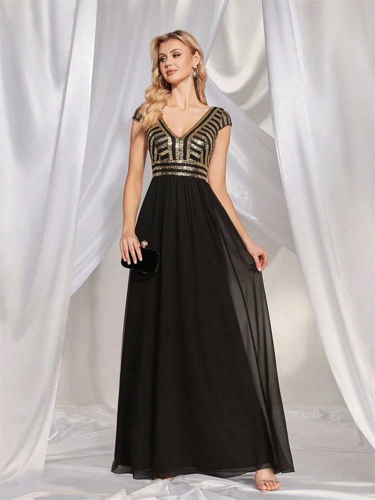 Blueplum elegante lantejoulas sem mangas vestido de noite feminino 2025 decote em v preto festa de casamento formatura baile de formatura chiffon vestidos de cocktail