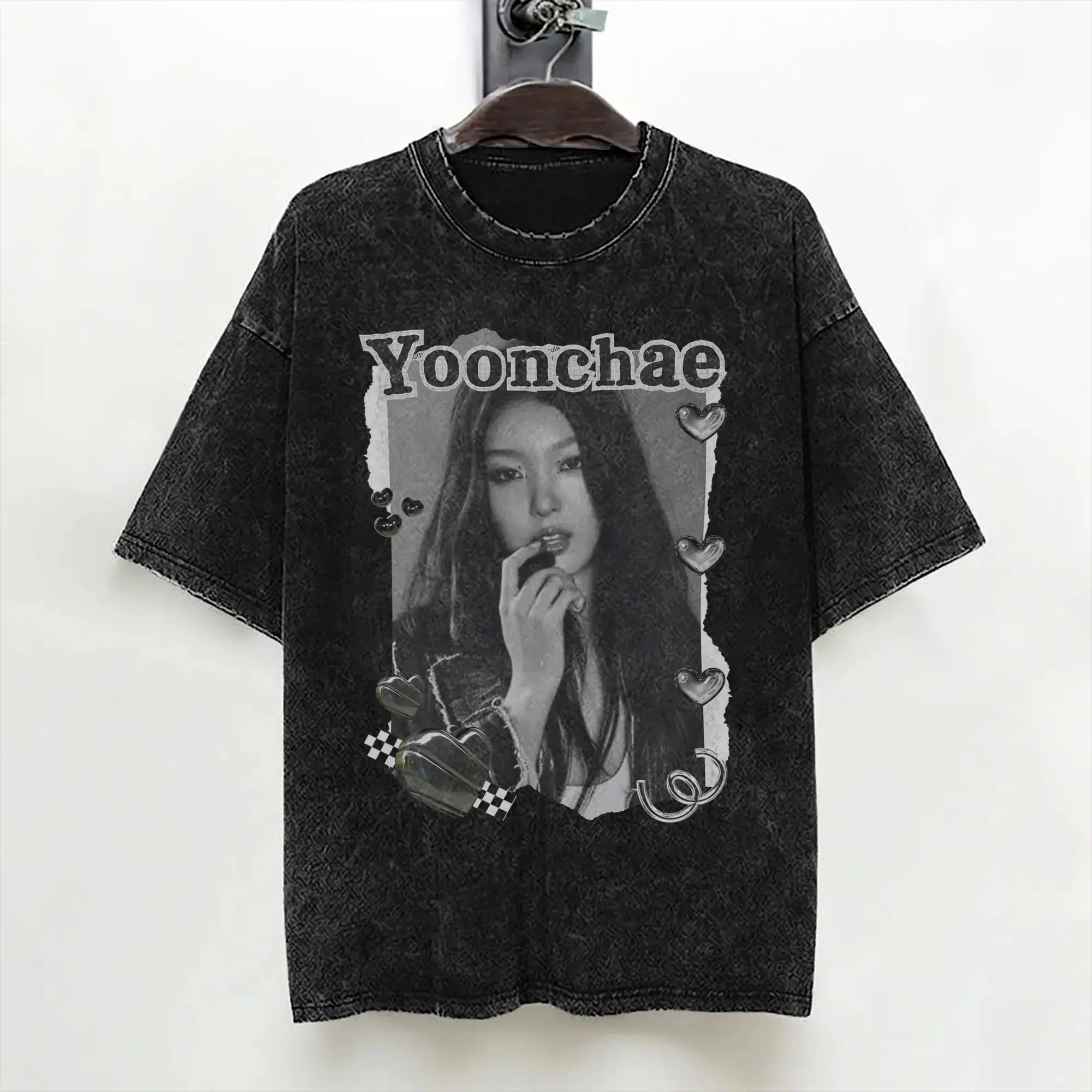 Yoonchae Katseyes Kpop Girl Group T Shirt Washed Short Sleeve Harajuku T-Shirts Men Women Streetwear Graphic Printed Tee Shirt