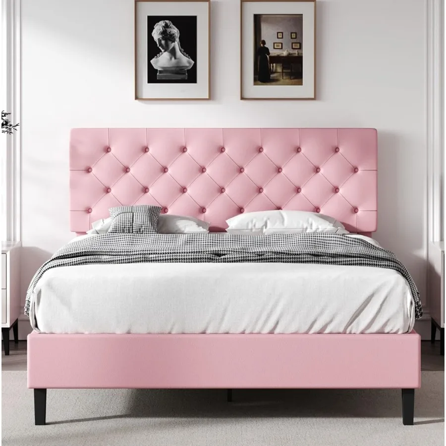 Size Platform Bed Frame with Headboard for Modern Bedroom, Solid Wood, Natural Finish, No Box Spring Required