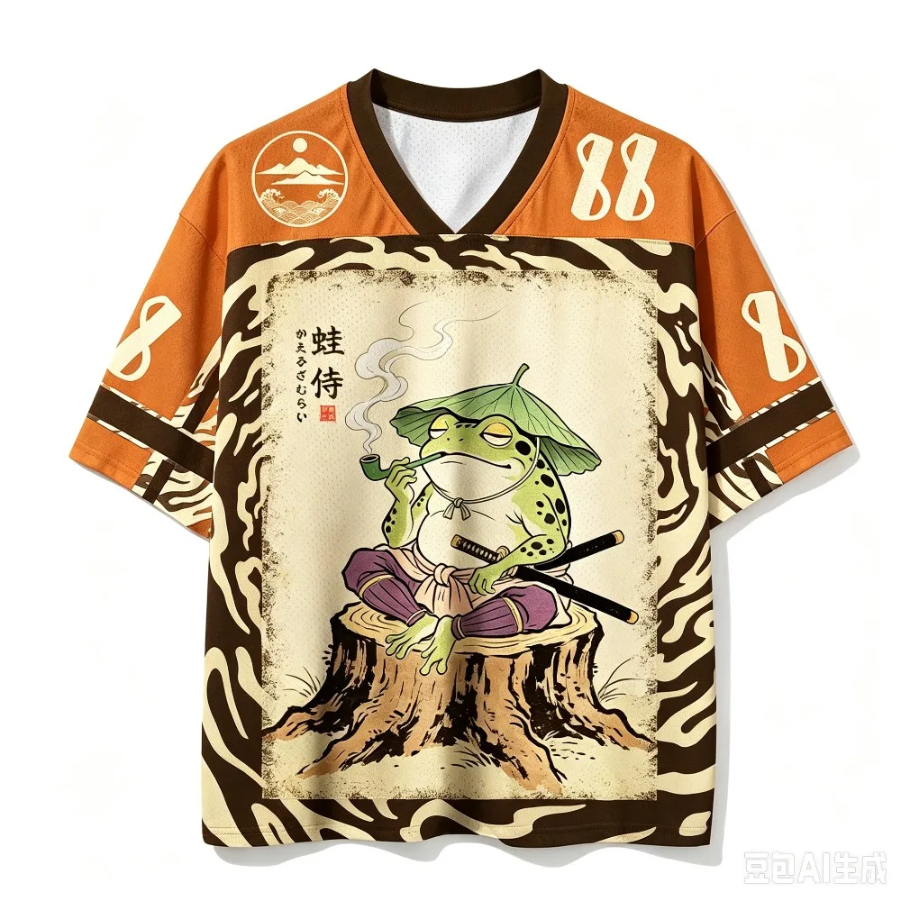 Retro-T-Shirt im japanischen Ukiyo-e-Stil mit Krieger-Frosch-Muster, 3D-gedruckt, feuchtigkeitsableitend, V-Ausschnitt, locker geschnitten, lässig, für Erwachsene und Kinder, Streetwear. – Detail 8
