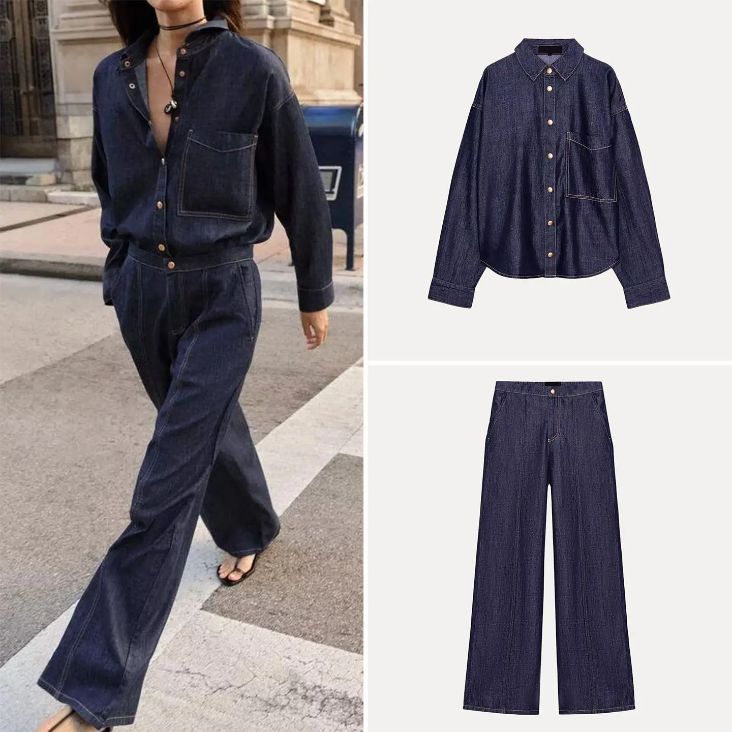 

Женский комплект из джинсовой рубашки и брюк с высокой талией и широкими штанинами для бега, весенний модный комплект, бренд Zadata, с длинным рукавом, однотонный, с воротником.