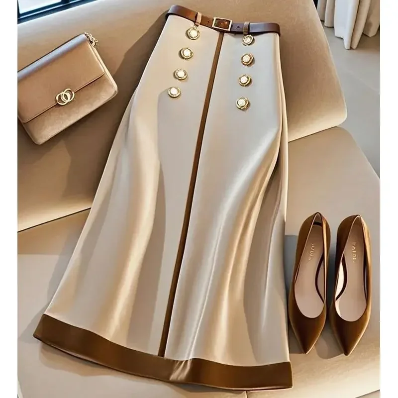 

New Elegant Offie Lady Skirt Women Fashion Design Beaded Double-breasted High Waist A-line Patchwork Skirts Jupe with Belt