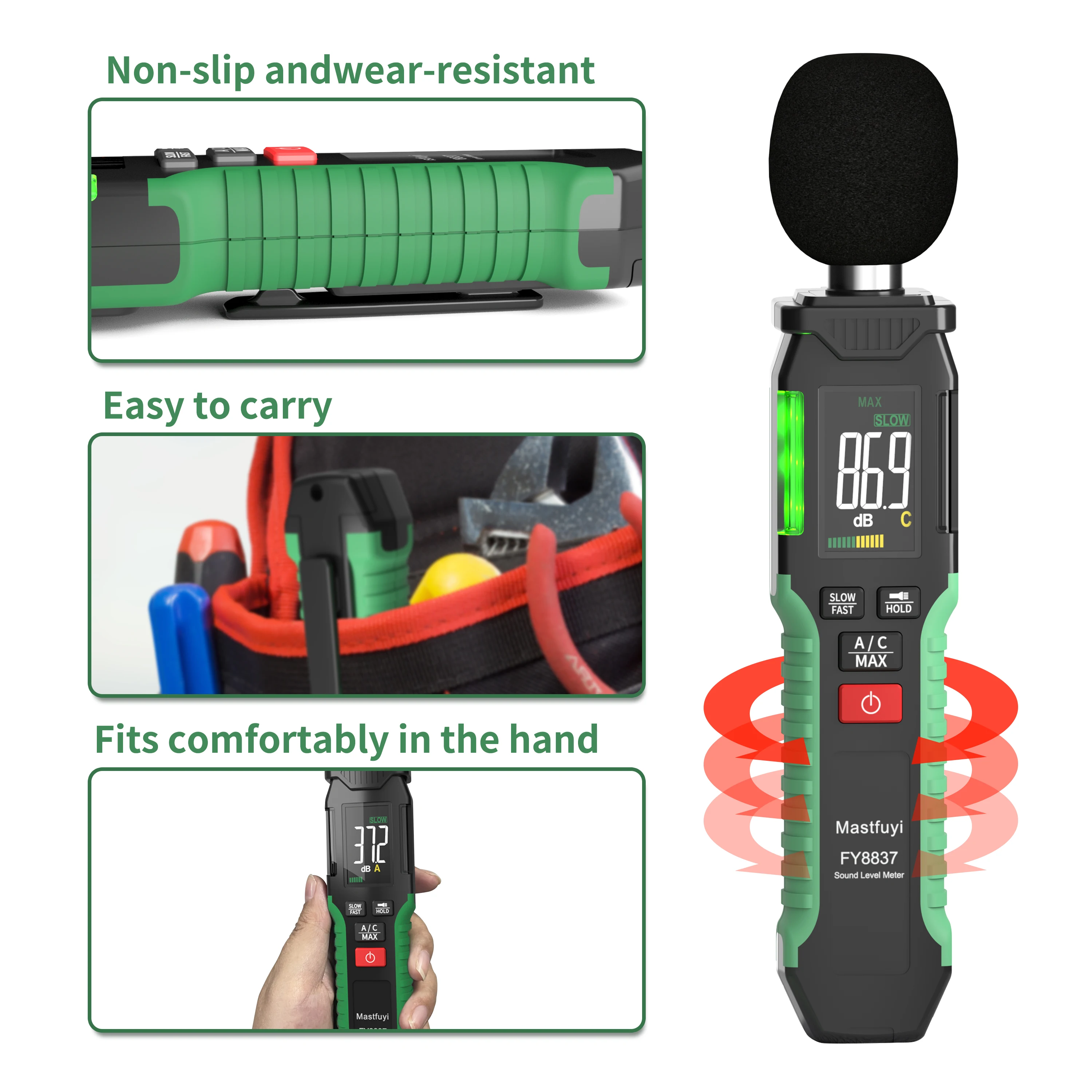 Imagem -05 - Mastfuyi-handheld Sound Level Meter Medição de Ruído Medição de Áudio Digital db Metro 30130db Fy8837