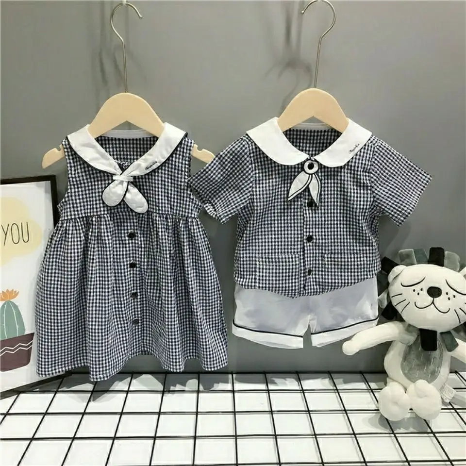 New Summer Children\'s Wear Set Trendy Brother Sister Suit Plaid Boys Cotton Shirt Shorts 2pcs Suit Girl Baby Casual Stripe Dress