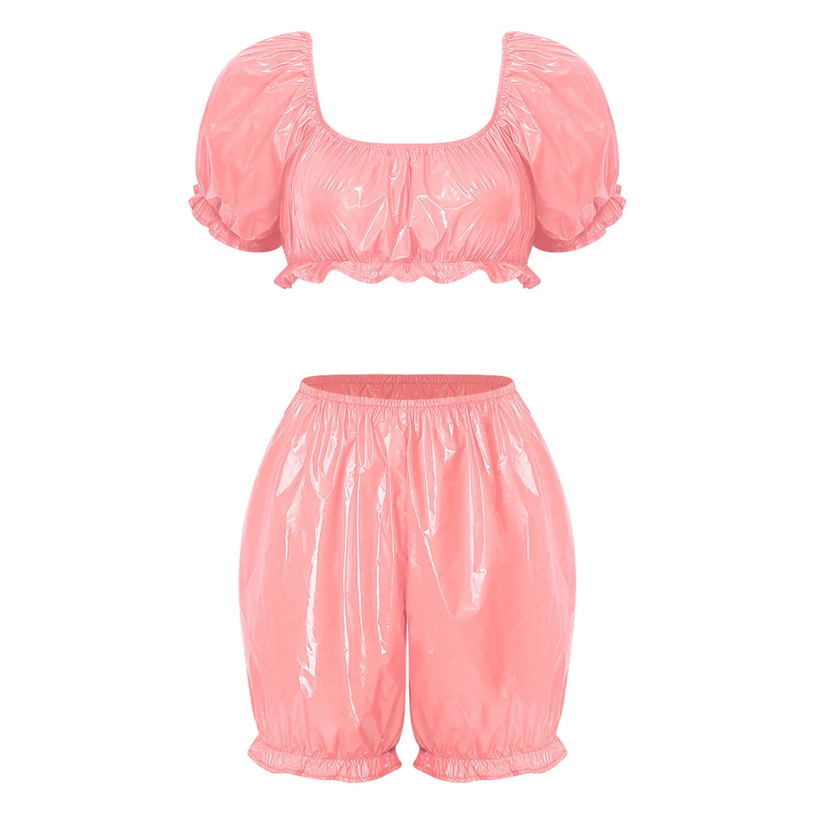 Women Nursing Homewear Sets Waterproof Vinyl Diaper Adaptive Outfits Ruffled Pajamas Short Puff Sleeve Crop Top Bloomers Shorts
