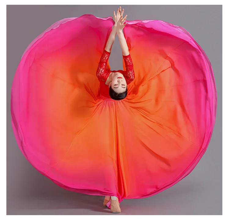 Women's 360-720 Degrees Big-hem Dance Skirts Gradient Color Chiffon Maxi Skirts Elastic-waist Elegant Square Dance A-line Skirts