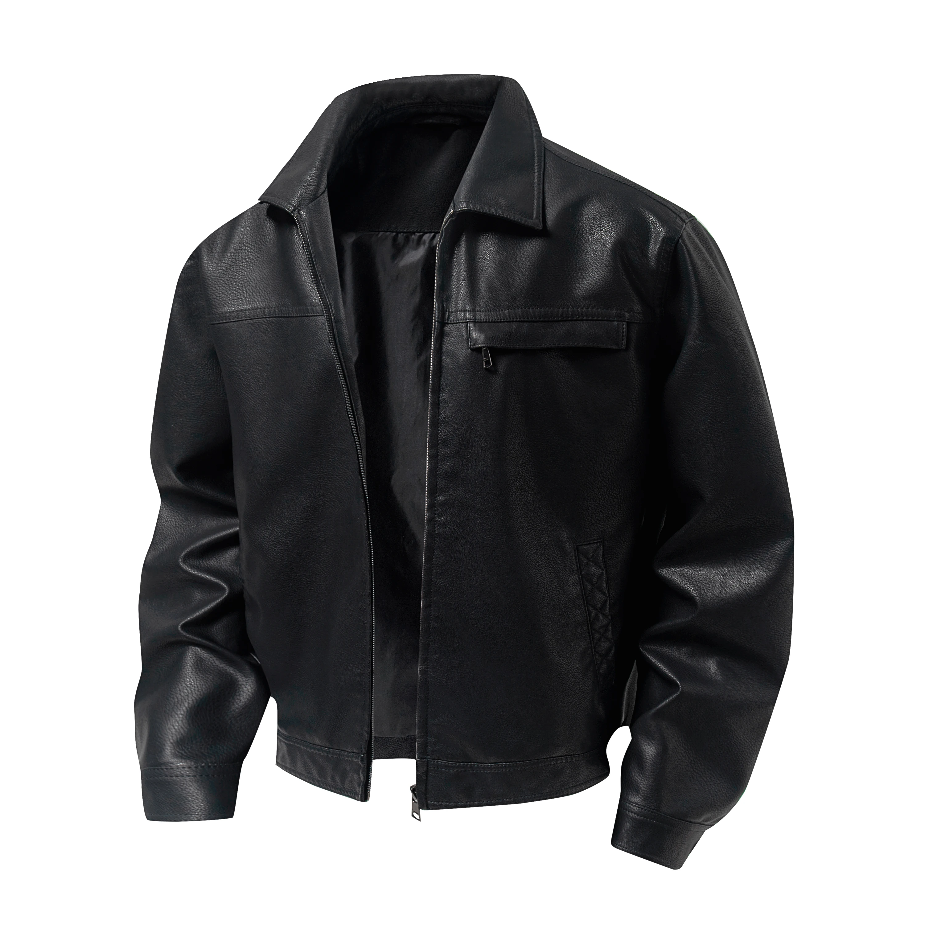 Men's PU Leather Jacket Lapel Collar Full Zip Casual Faux Leather Coat Multi-Pockets Loose Fit Daily Outerwear