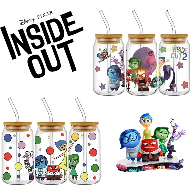 Heiß von innen nach außen 2 uv dtf Wrap Transfer Aufkleber Disney Cartoon Figur Traurigkeit Freude Wut wasserdicht Wrap Aufkleber für 16oz Glas Tasse