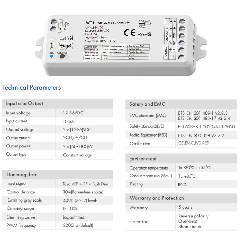 Tuya WiFi 2CH LED Controller WT1 DC 12-36V 2.4G Wireless Smart Wifi RF telecomando per WW/CW/CCT LED Strip Light Alexa Google