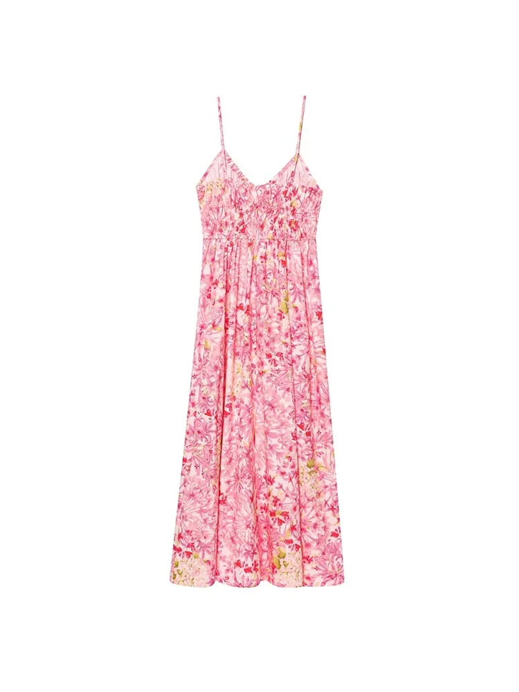 2025 المرأة طباعة فستان بحزام الصيف موضة خمر الرباط القوس حمالة أنثى أنيقة فساتين الشارع الملابس