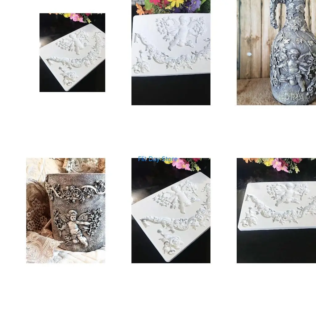 F92C 1 Piece Angel Babies and Flower Rattan Pattern Mould Silica Gel Material White Mould for Fondants Candy Jelly Clay