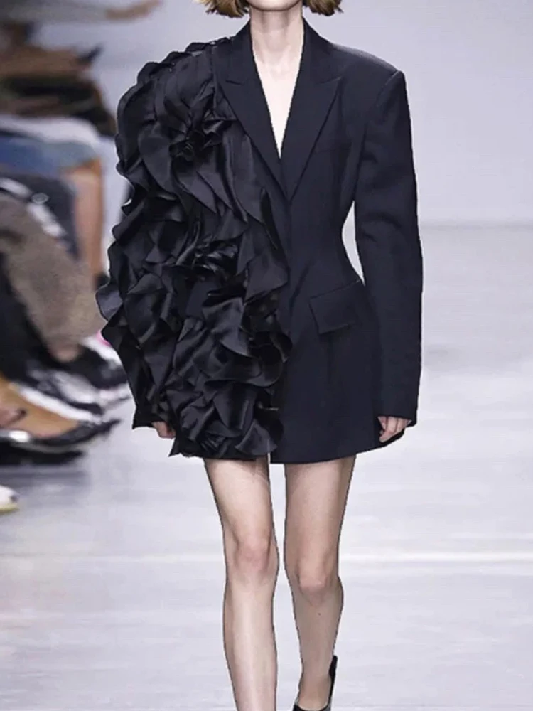 

Однотонный блейзер с длинными рукавами в стиле ретро, осень 2022, новая тонкая модная блузка для похудения с сетчатыми лацканами и оборками.