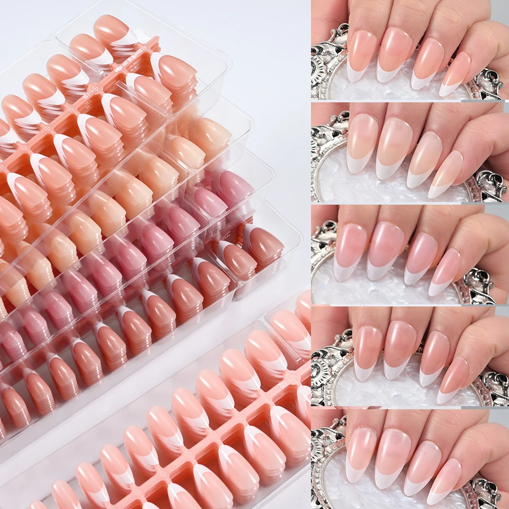 150/120/100Pcs Almond French Fake Nails White Edge Wearable Pink Stiletto Flase Nail Tips Acrylic Full Cover Press On Nails