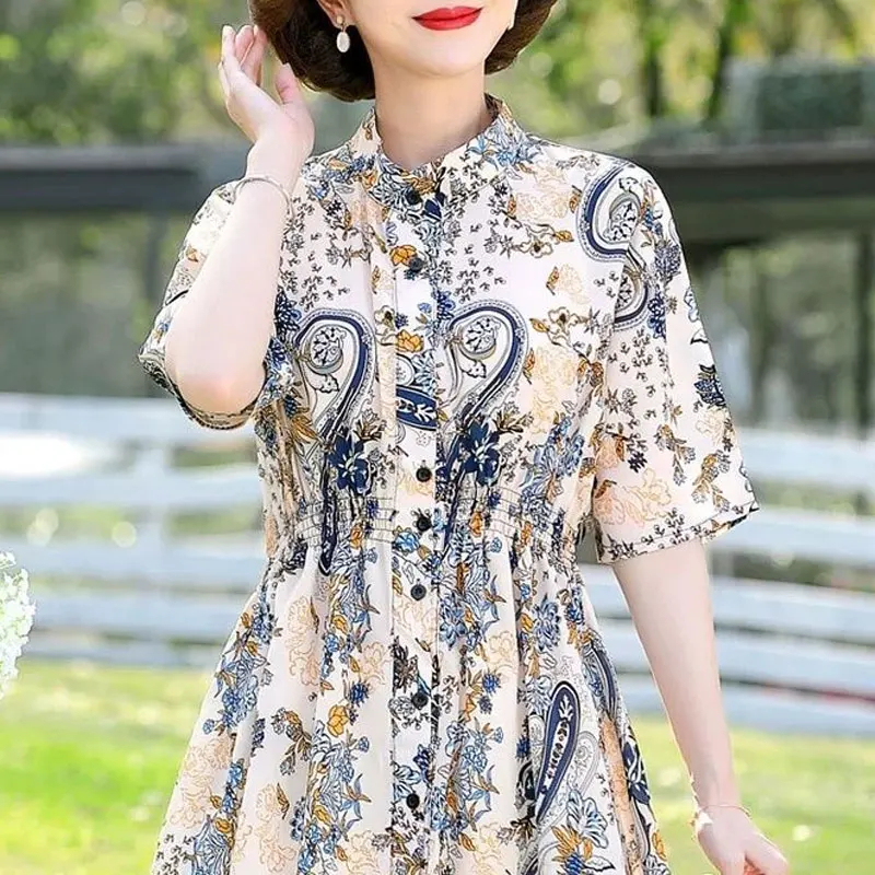 French Style Vintage Printed Midi Blouse Stylish Shirring Waist Office Lady Single-breasted O-Neck Summer Short Sleeve Shirt New