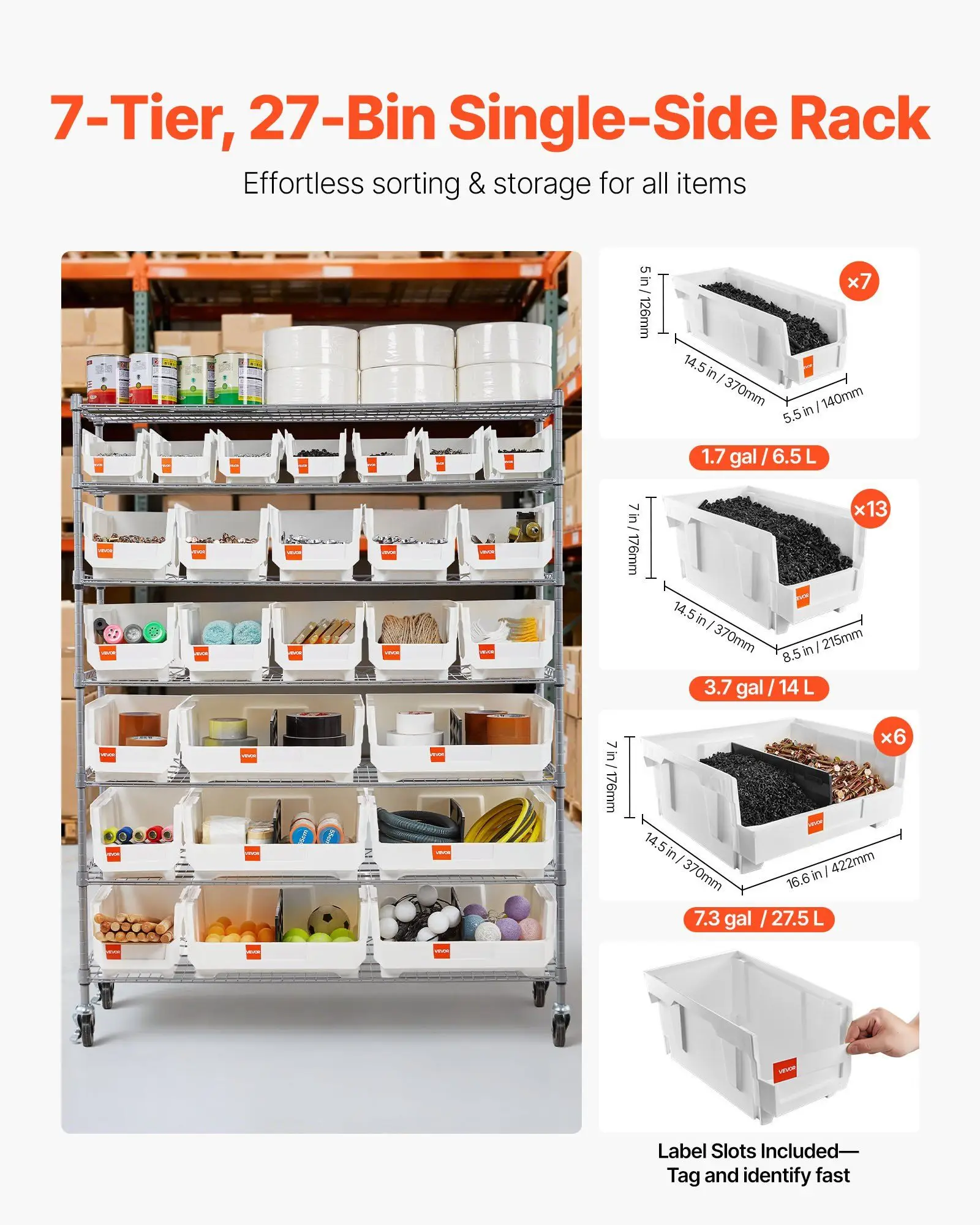 7-Tier Rolling Bin Storage Rack, 26 Organizer Bins, Bin Rack Storage Steel Wire Shelving System with Wheels, Mobile Tool