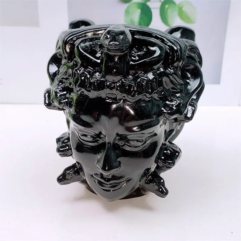 Natural Black Obsidian Medusa Skull Carving Healing Fengshui Stones And Crystals Home Decoration Gift Room Ornament 1pcs