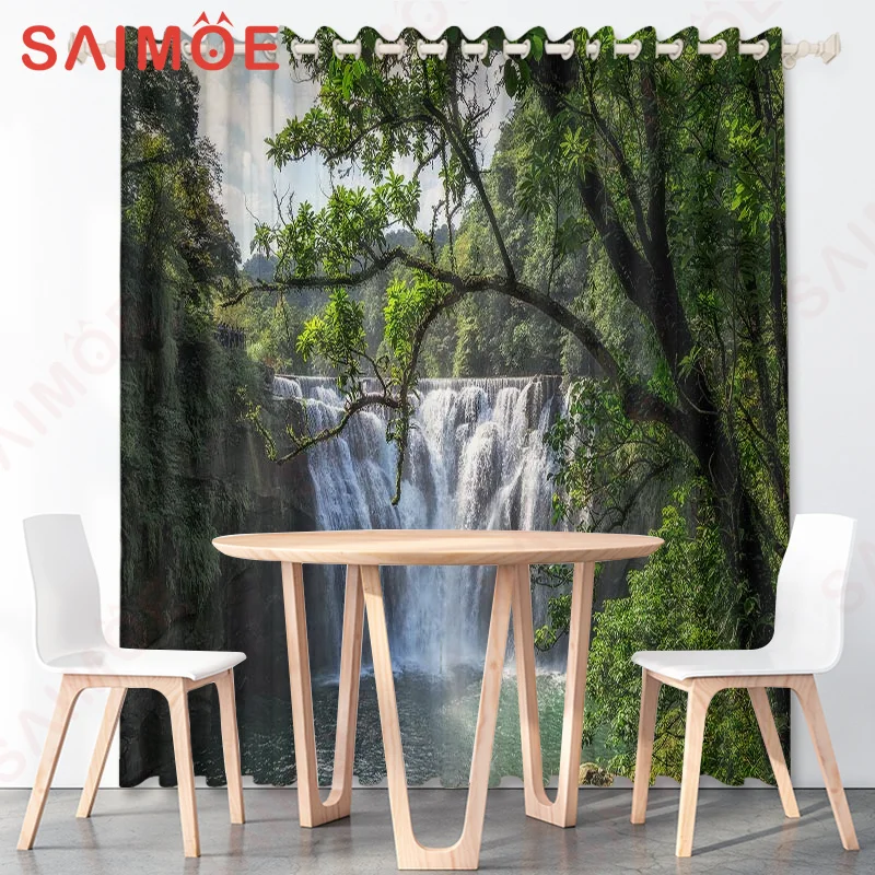 Idyllic Natural Scenery Forest Curtains Mountains River Sunset Sea Boat Custom Thin Polyester Fabric Office Decoration with Hook