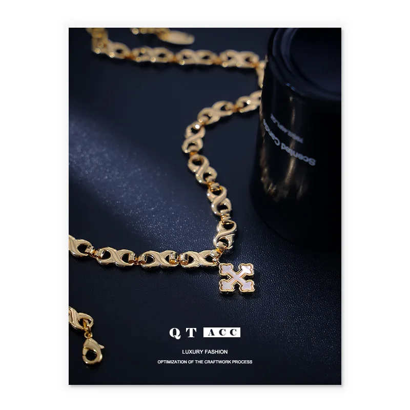 Natural Mother of Pearl Cross Pendant Necklace Infinity Link Chain Minimalist Luxury Choker Women Fashion Jewelry Gift