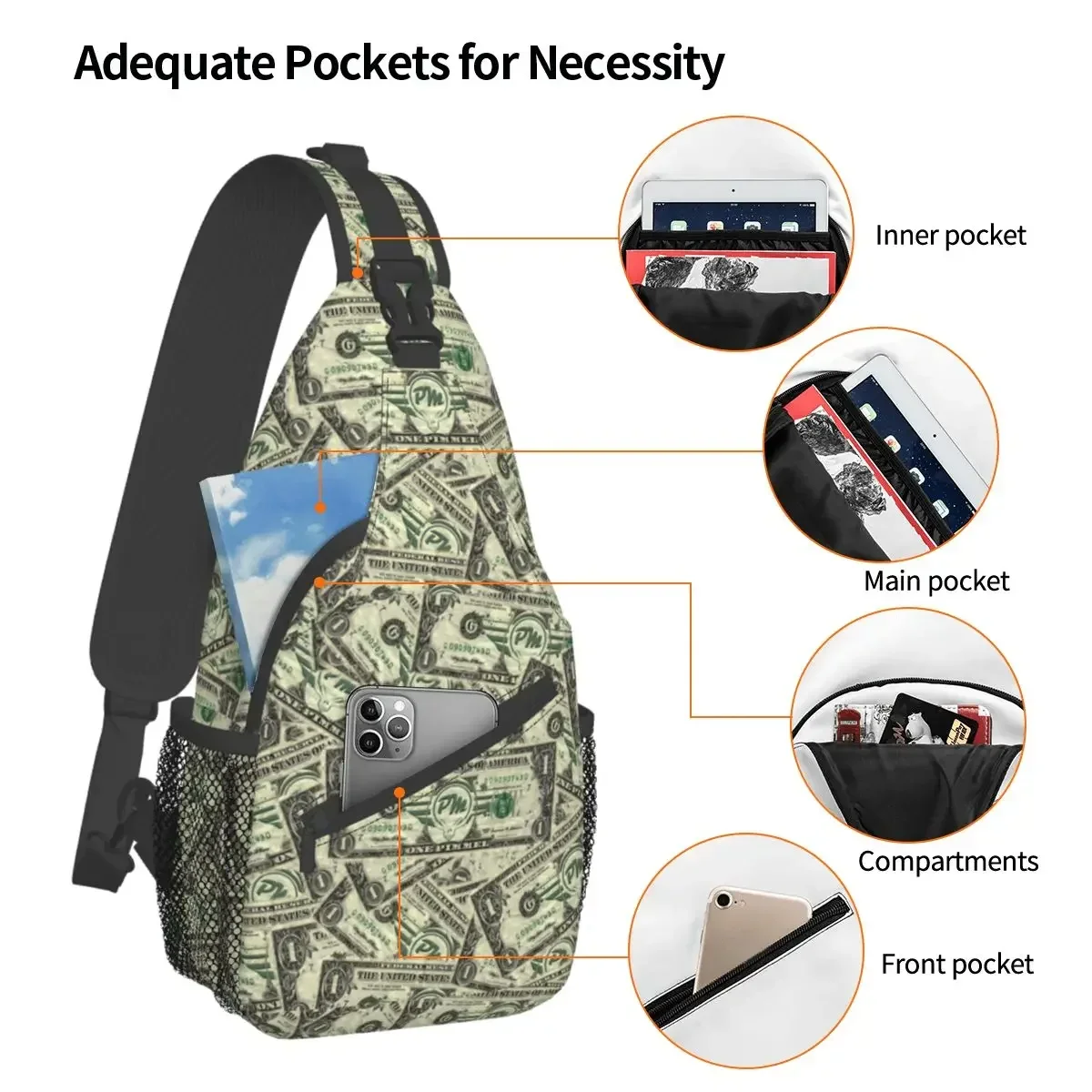 Usa Dollar Money Crossbody Sling Bags Casual Chest Bag Shoulder Backpack Daypack for Travel Hiking Travel Satchel