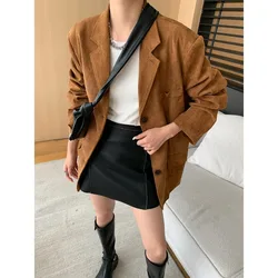 Chaqueta de traje suelta de gamuza de imitación para mujer, abrigos de botonadura única con cuello vuelto Vintage, otoño