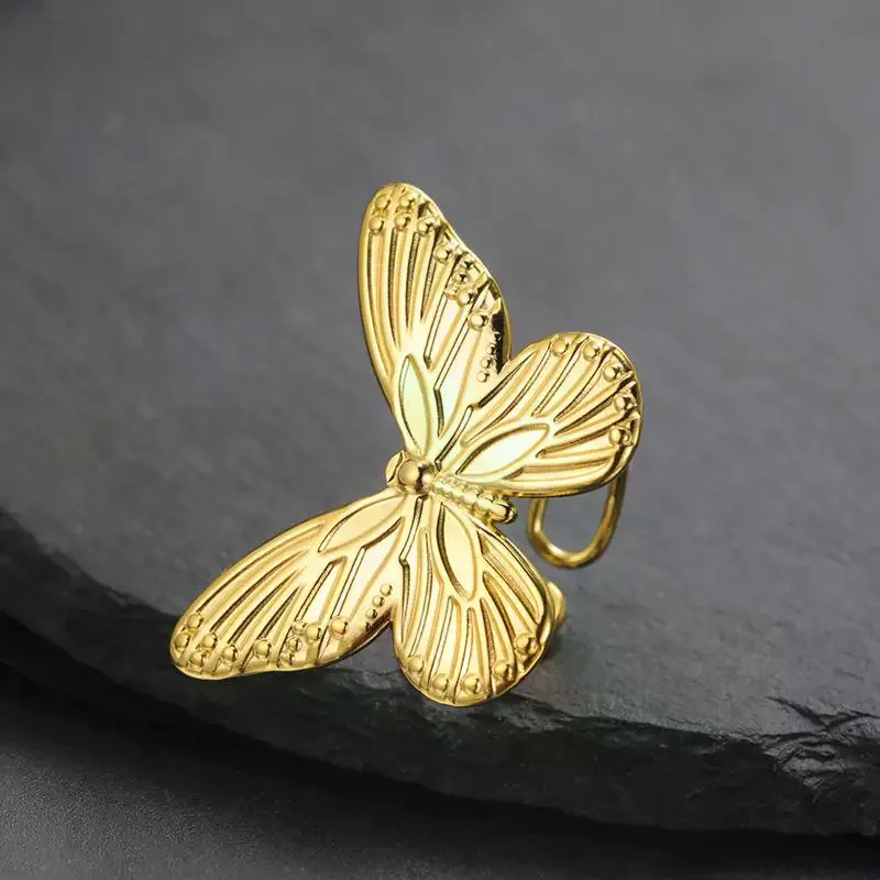 Butterfly Adjustable Stainless Steel Women Ring Gold Plated Open Band Ideal Birthday Valentine Jewelry Present
