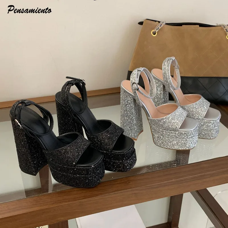 

Runway Style 15cm Ultra High heels Double Platform Women Gladiator Sandals Fashion Sequined Ankle Strap Summer Chunky Shoes