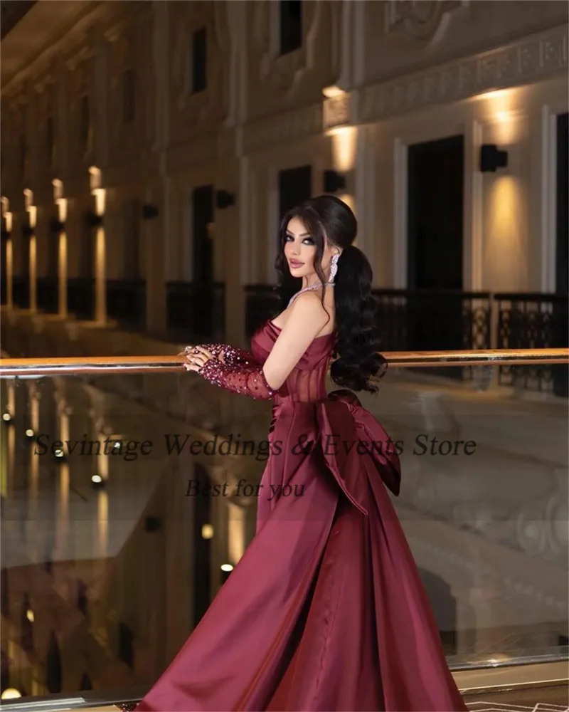 Sevintage Noble Burgundy Saudi Arabic Mermaid Evening Dresses Crystal Bow Formal Women Prom Gowns Special Occasion Dresses 2023