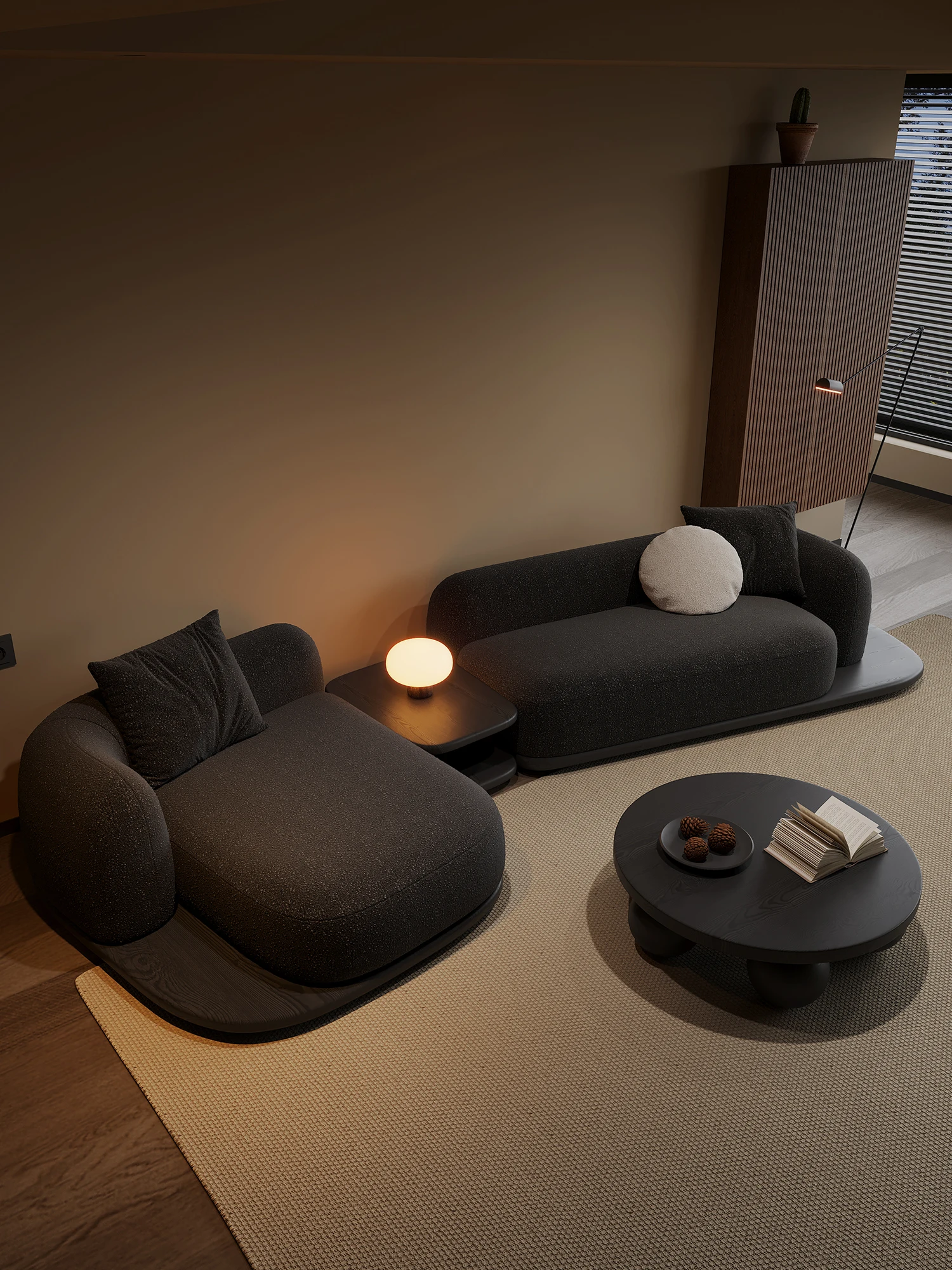 Modular Floor Sofa with Rounded Armrest - Charcoal Chenille Wooden Platform Base - Japandi Wabi Sabi Living Room Couch