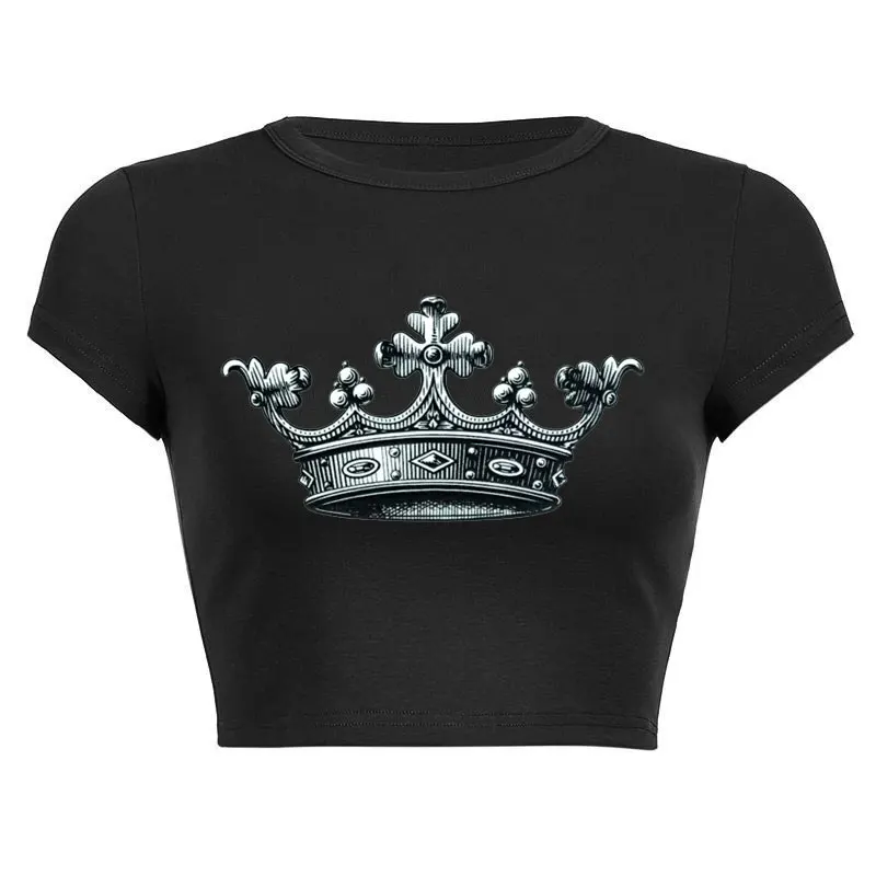 Imperial Crown Print Short Sleeve Women Casual T Shirts Basic O Neck All Match Crop Top Soft Bodycon Fashion Tees Blouse