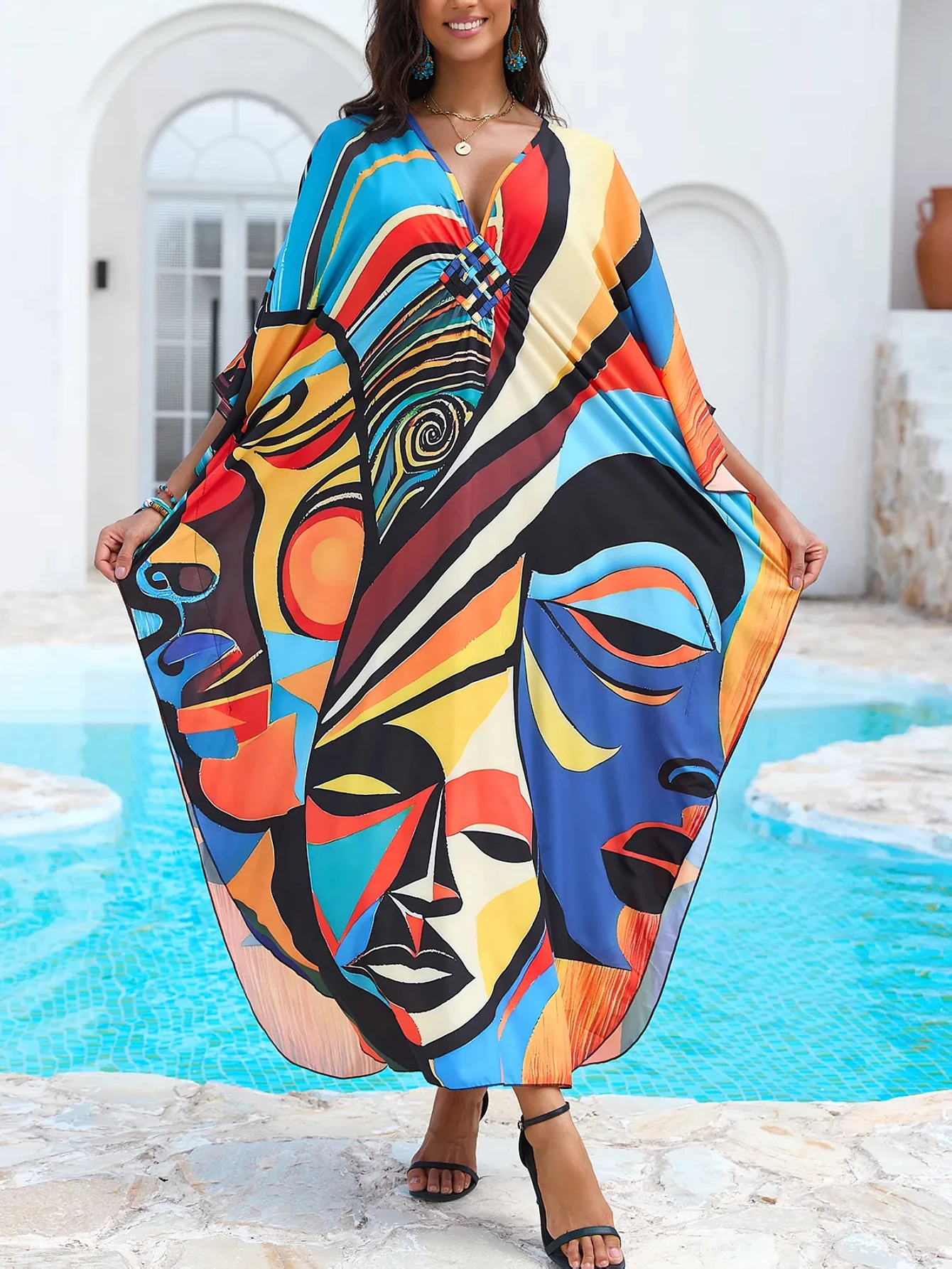 Abiti caftano da donna taglie forti scollo a V Moo Moos Batwing caftano abito da spiaggia costume da bagno copricostume loungewear