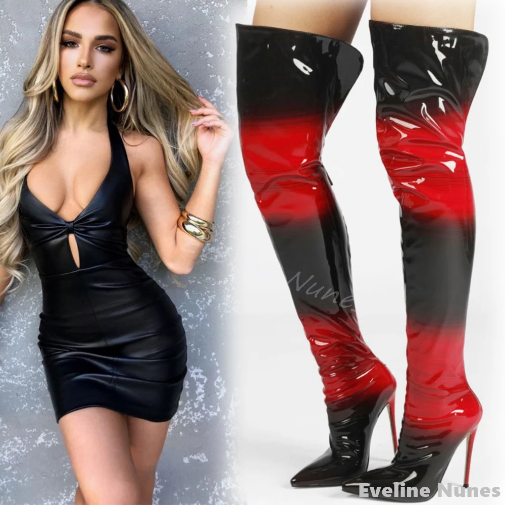 

Sexy Mixed Colors Over The Knee Boots Women Patent Leather Pointed Toe Stiletto Heel Long Boots 2024 Nightclub Pole Dancing Boot