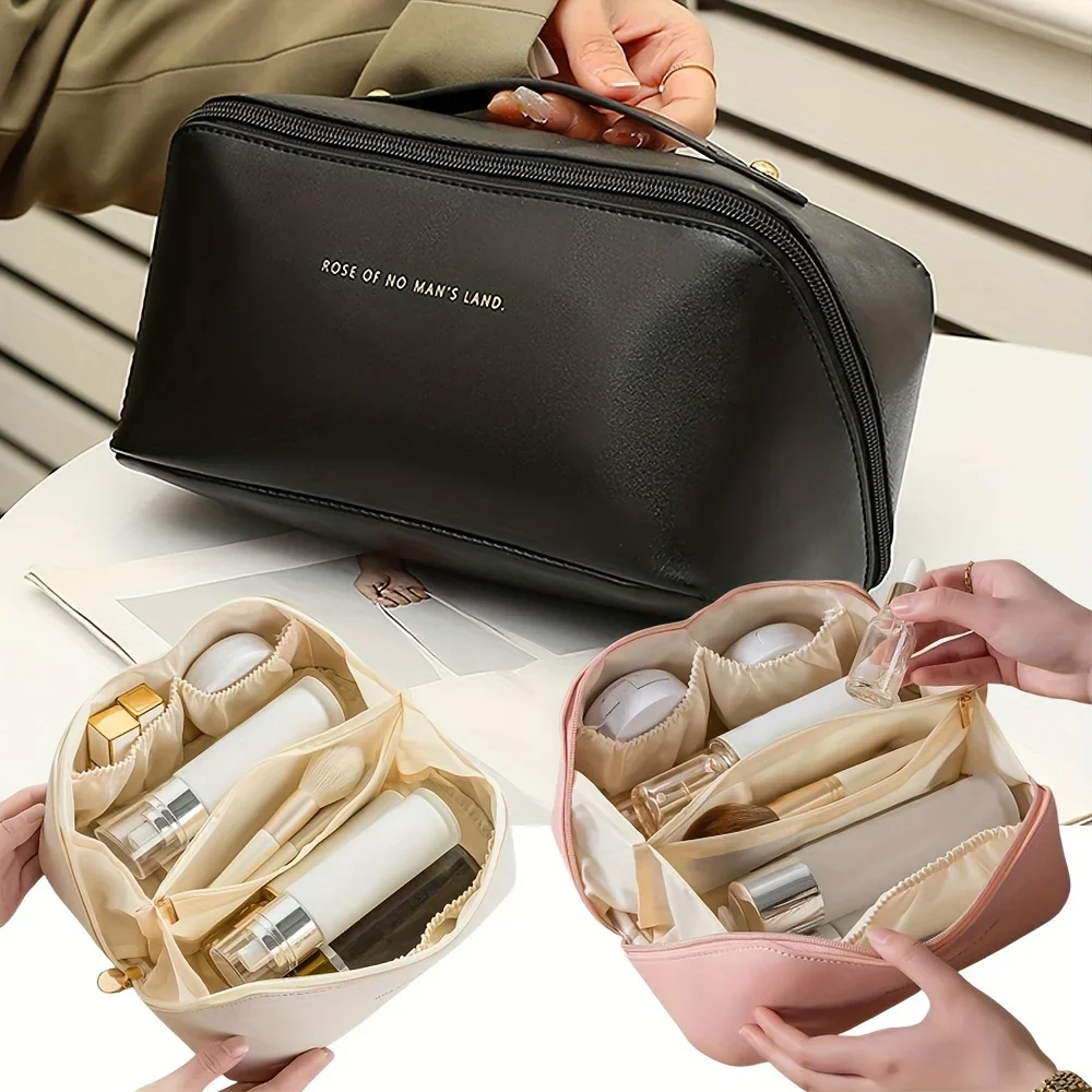 1PC Large Capacity Waterproof Makeup Zipper Pouch Portable Toiletry Wash Bag with Divider Handle and Organizer Function