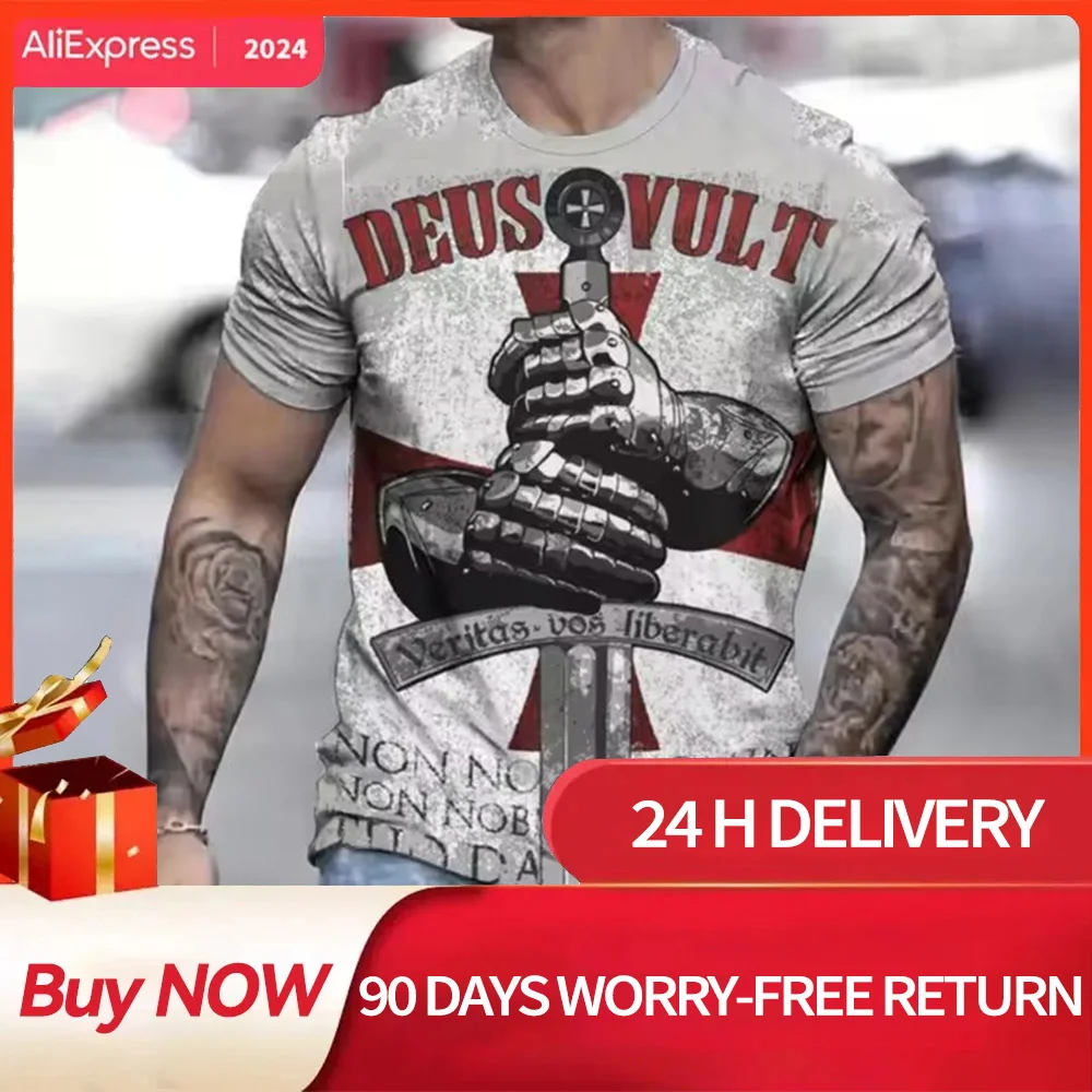 

2024 Summer Retro T-shirt Knights Templar Print T Shirts 3D Print Men's T-shirts Casual Streetwear Couple Tees Short Sleeve Tops