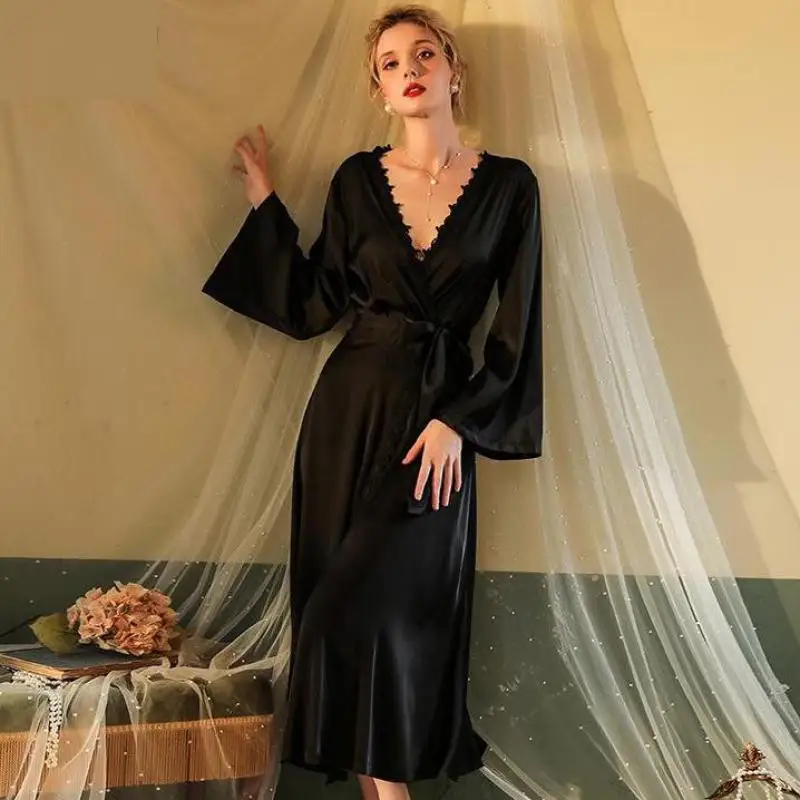 Bride Wedding Kimono Bathrobe Women Lace V-Neck Robe Gown Spring Loungewear Casual Satin Sleepwear Nightgown Home Clothes