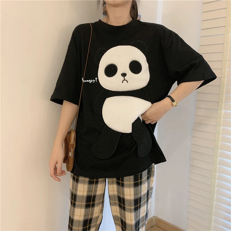 Summer Flocking Cartoon Panda Pattern Stitching T Shirts Women Kawaii Loose Top Girls Street Fashion Hip Hop Casual Top Tees