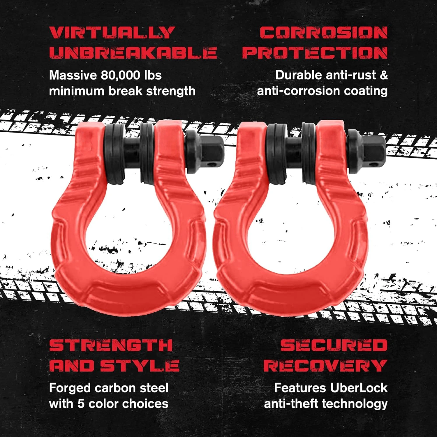 UBER Shackles with Anti-Theft Lock - 80,000 Lbs (40 T) Strength - Connect Tow Strap or Winch Line for Off-Road Recovery